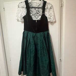 Green Drindl Dress with White Lace Sleeves